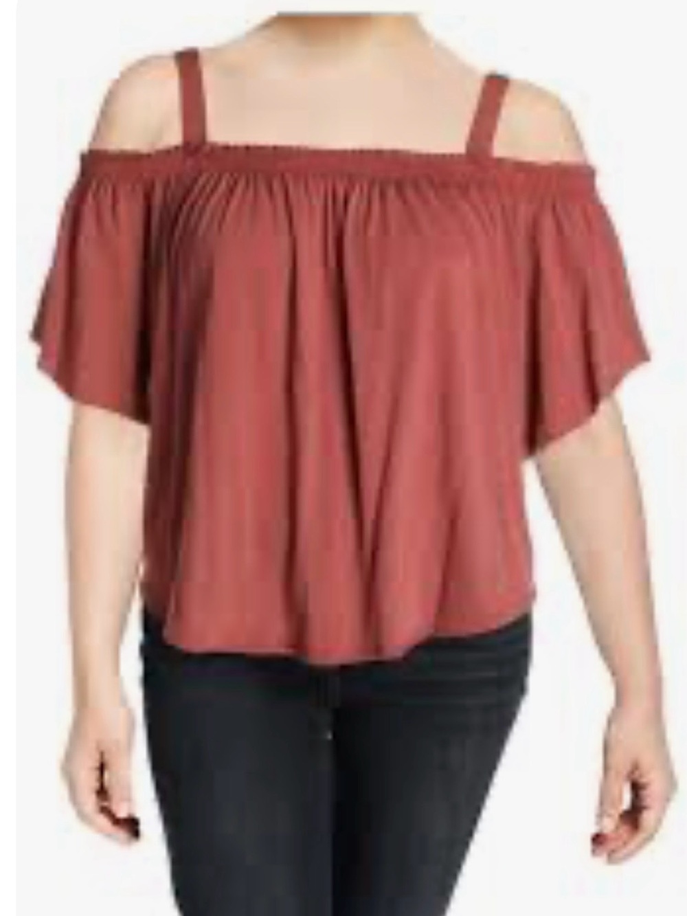 PerSeption Concept Off-Shoulder Flutter Sleeve Top in Rust